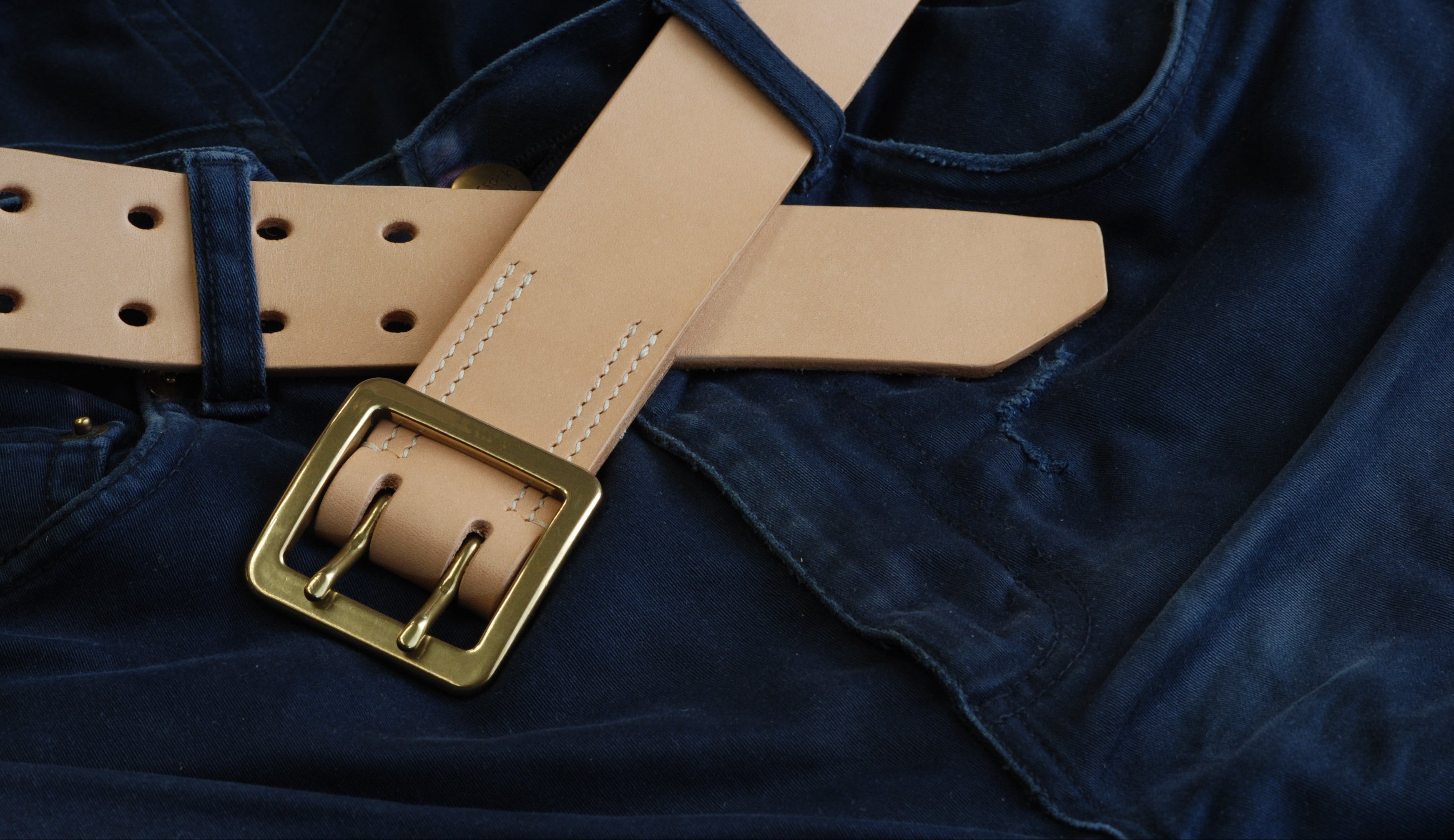 Handmade full-grain natural leather belt with double prong brass buckle